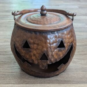 Metal Hammered Jack O Lantern Handle Halloween Decor